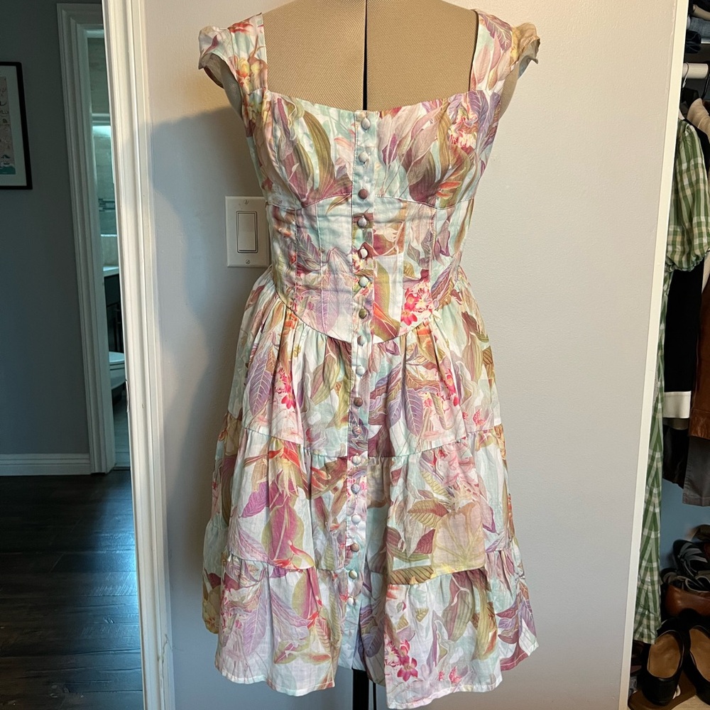 Guess Pink and Orange Tiered Ruffled Mini Corset Dress